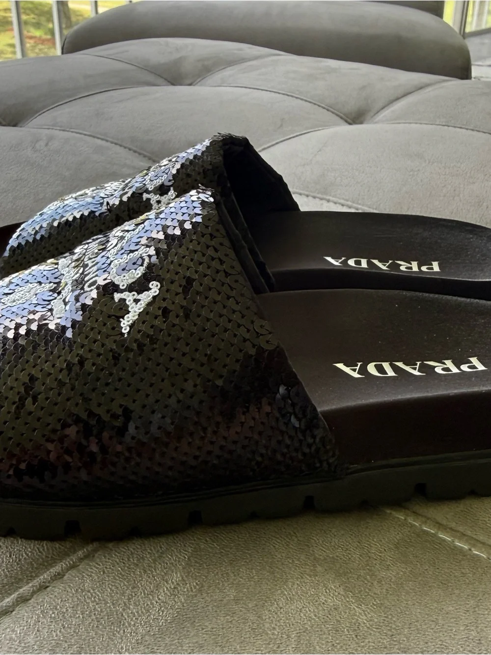 Prada Black Sequin Logo Slide Sandals